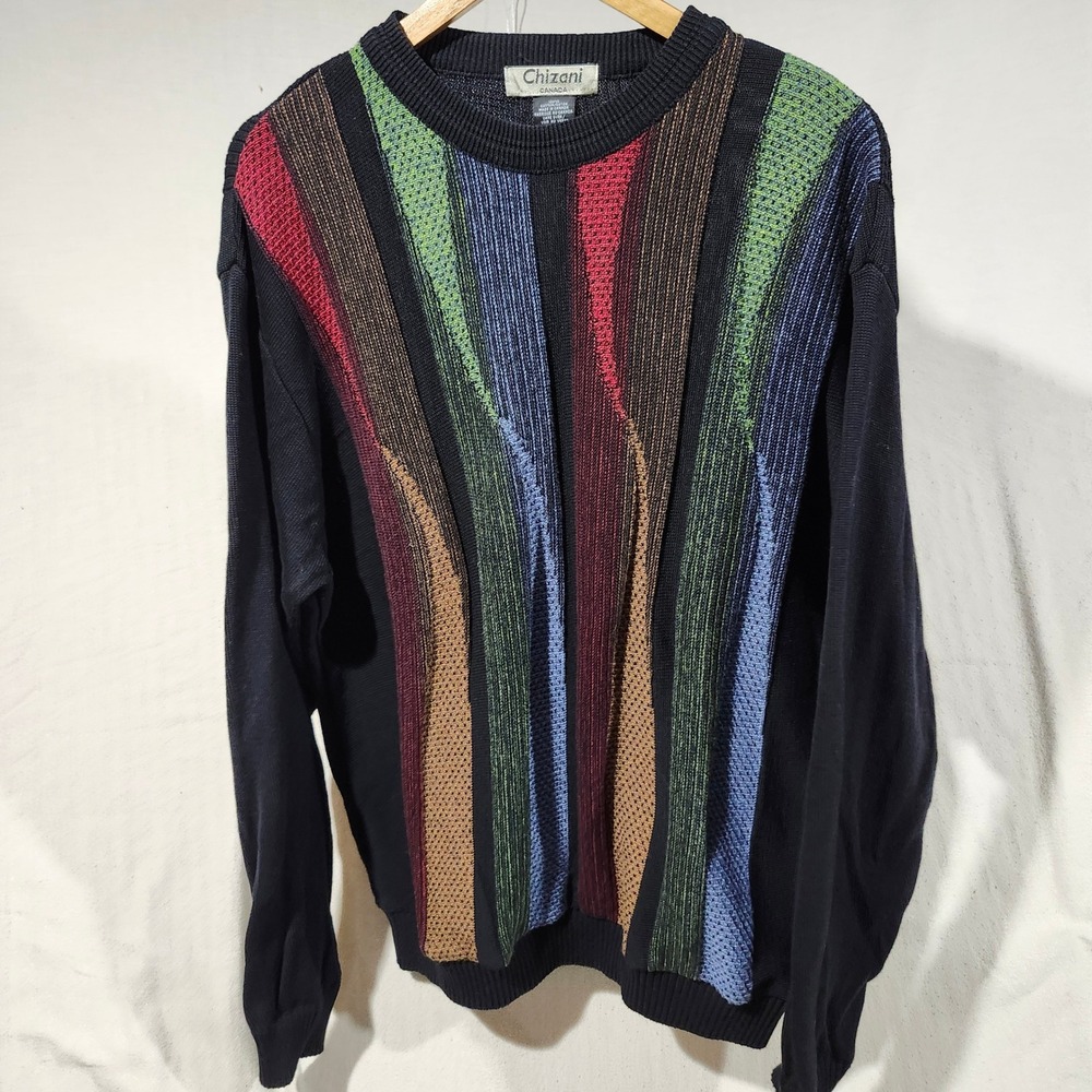 Chizani Canada Mens Colorful Knit Crew Neck Long Sleeve‎ Sweater VTG Coogi Style